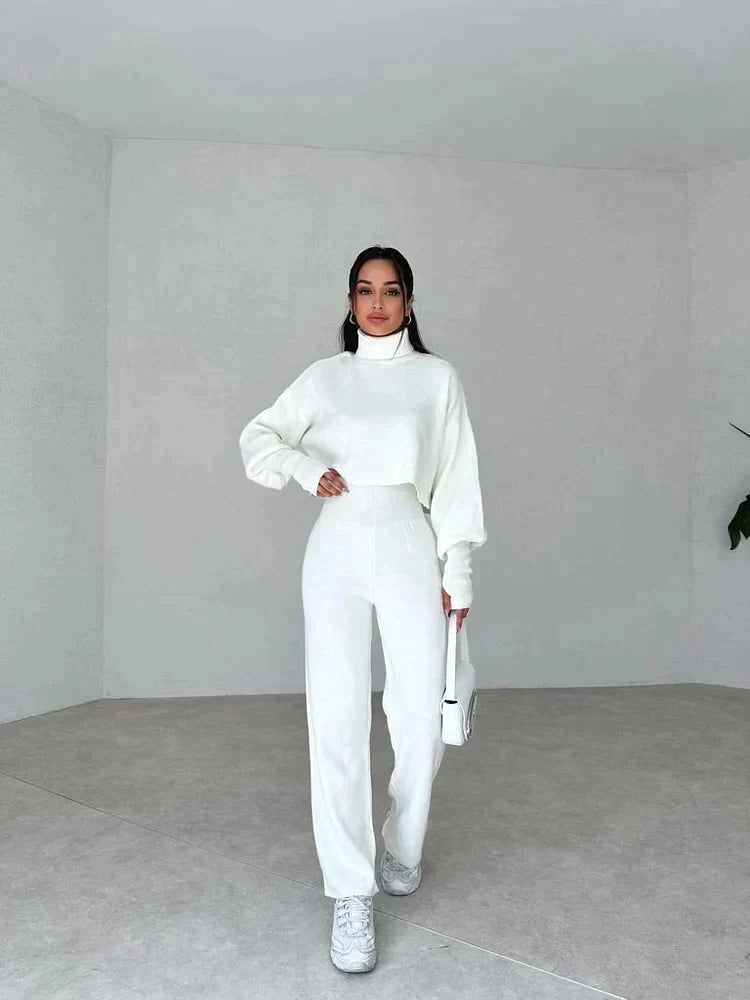 Ensemble Femme Deux Pièces Pull Col Montant Oversize Pantalon Droit