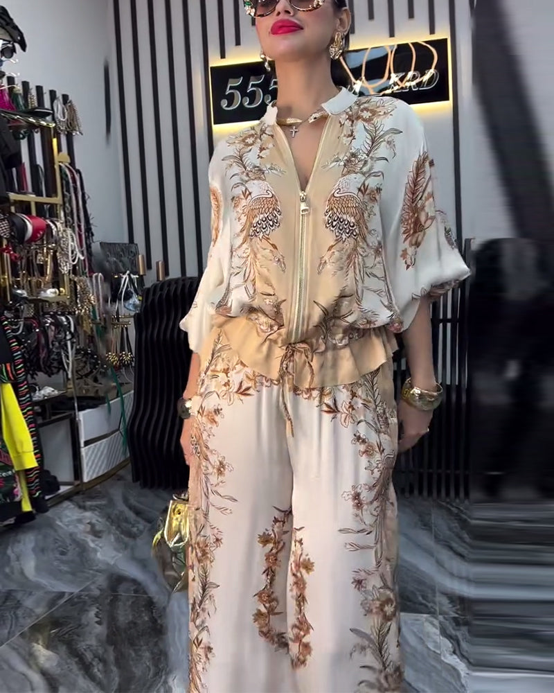 Costume à col montant et fermeture éclair avec jambes larges