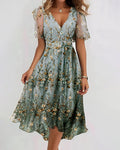 Robe Col V Florale Croisée Taille Haute Sheer