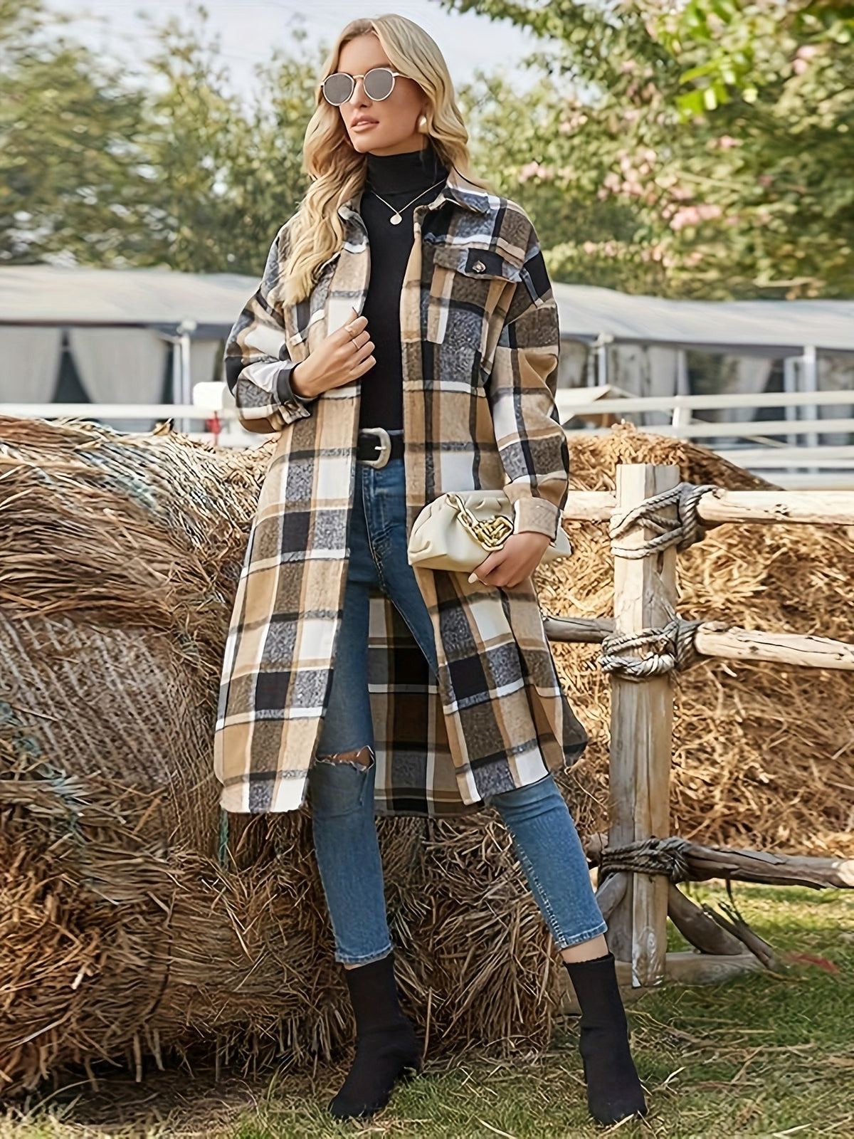 Elowen | Manteau long à carreaux pour femmes avec boutons