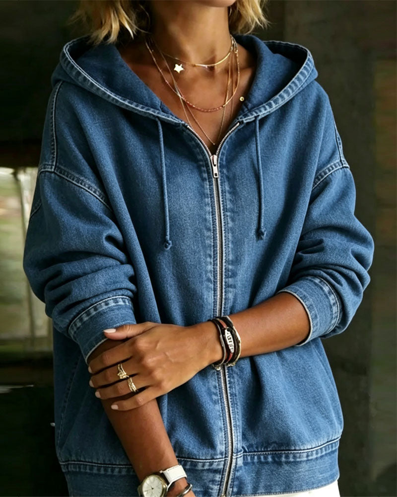 Manteau Capuche Manche Tombante Fermeture Éclair Denim