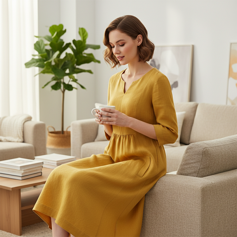 Robe de loisirs à décolleté en V pour femmes avec manches 3/4 et poches