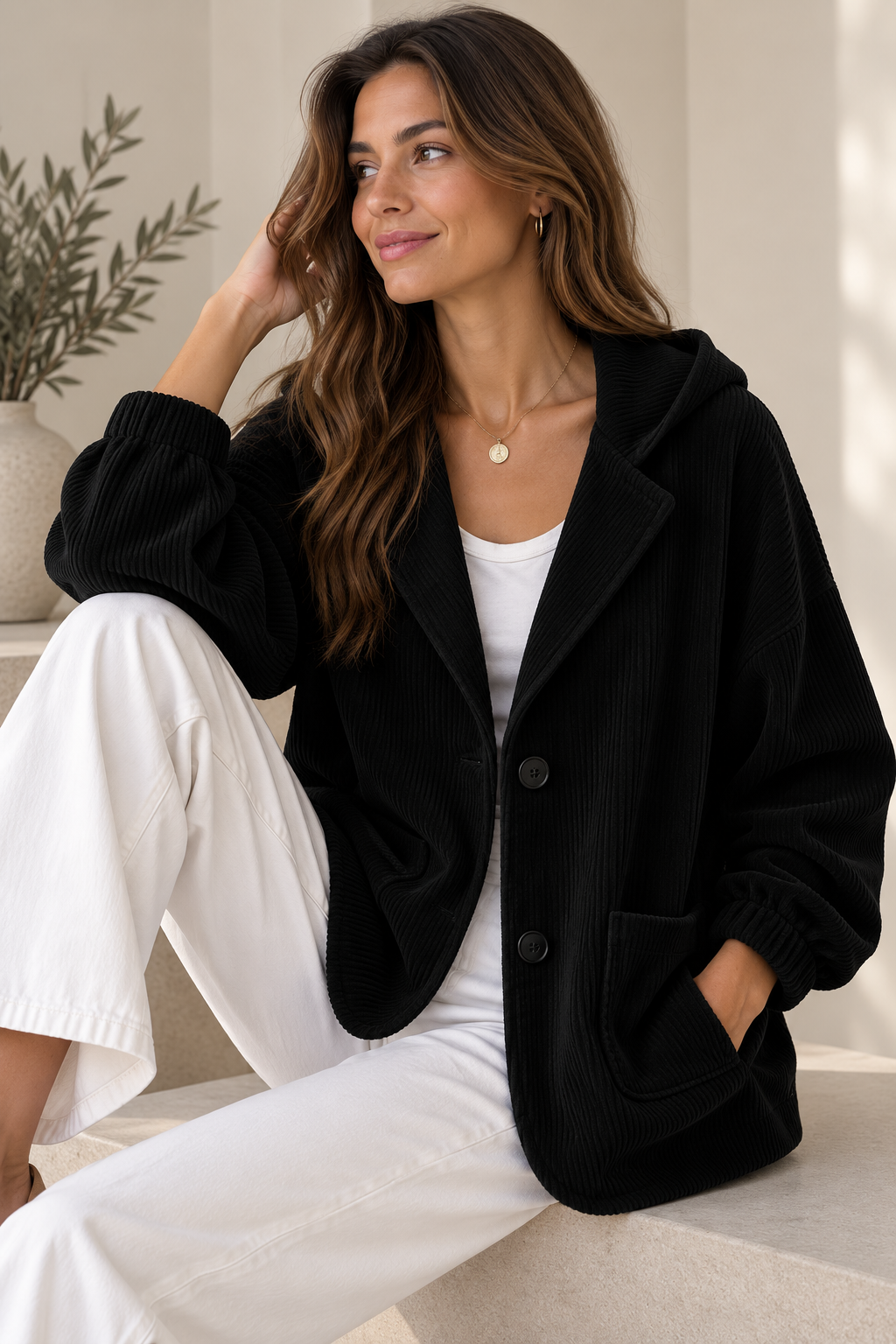 Veste oversize femme en velours côtelé à capuche