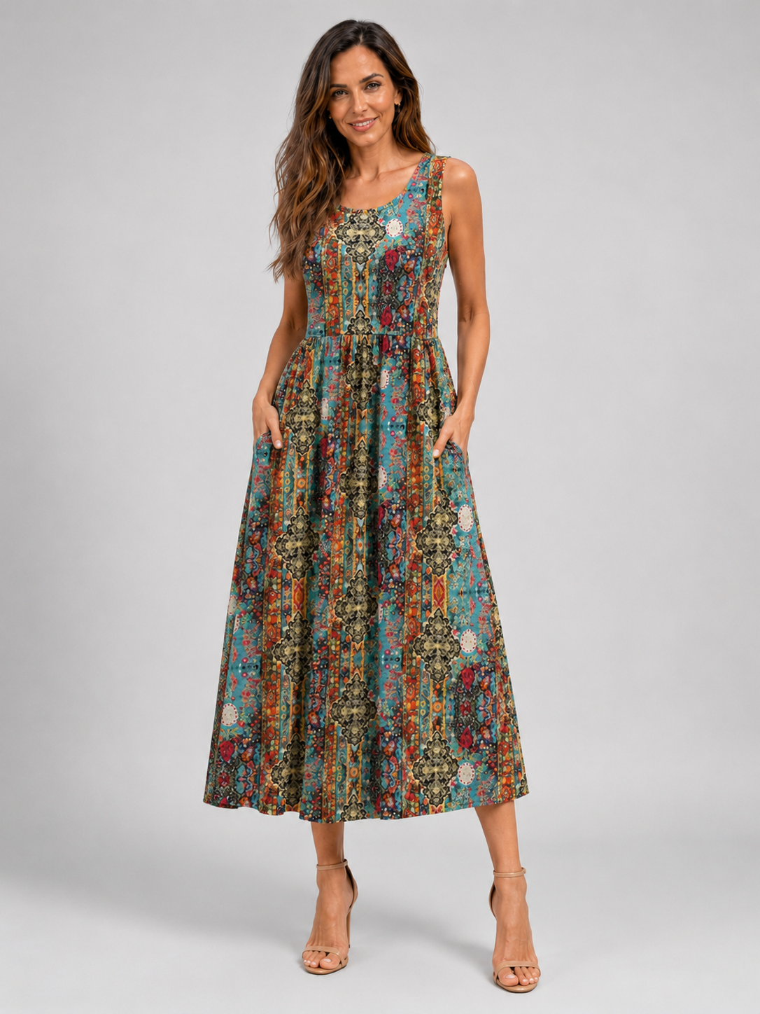 Franica | Robe maxi boho avec motif de feuilles tropicales