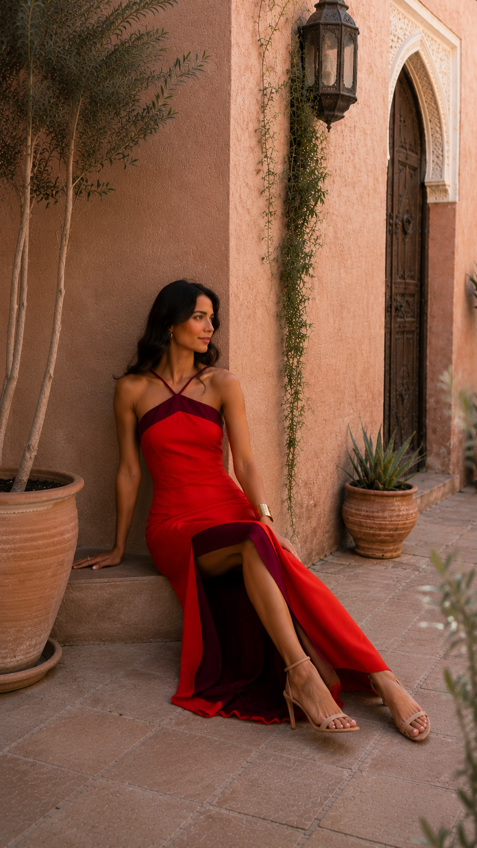 Robe maxi femme avec col halter et fente latérale