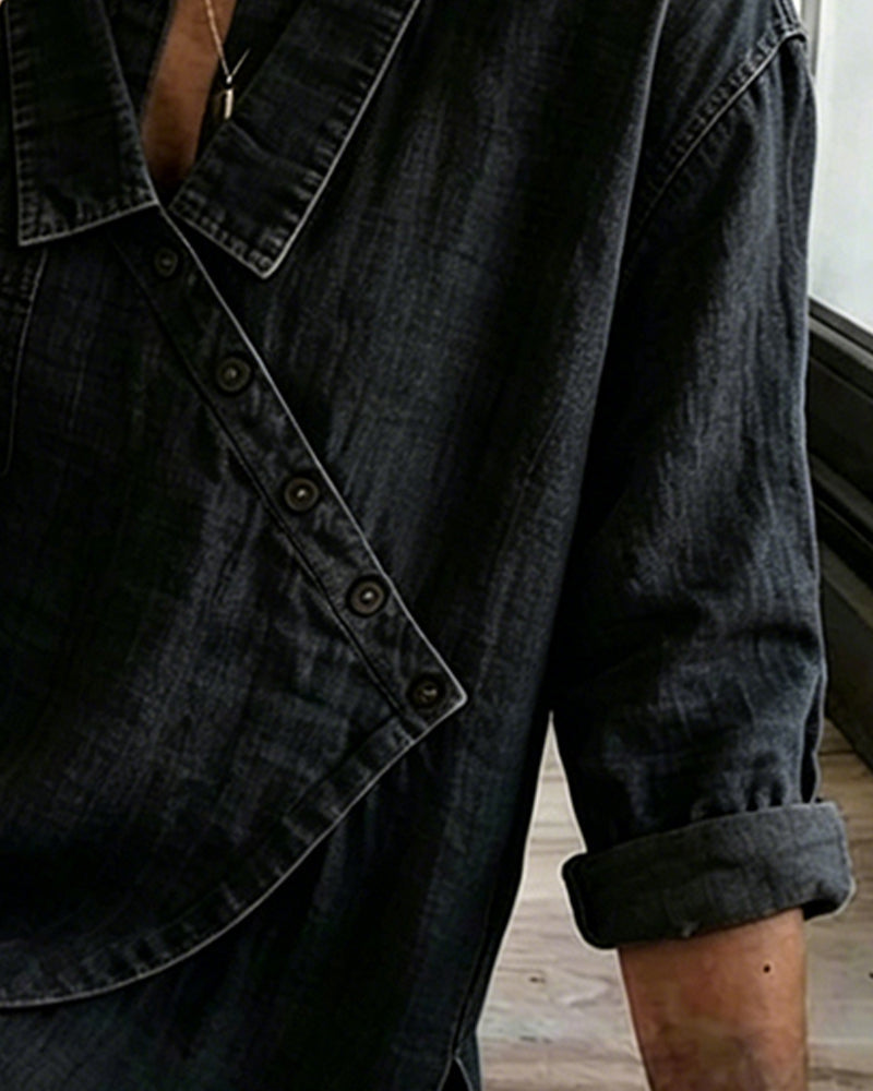 Blouse femme ample à boutons diagonaux style denim