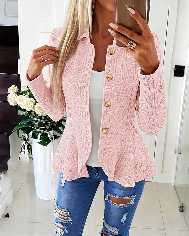 Cardigan femme texturé à col rabattu et boutons dorés