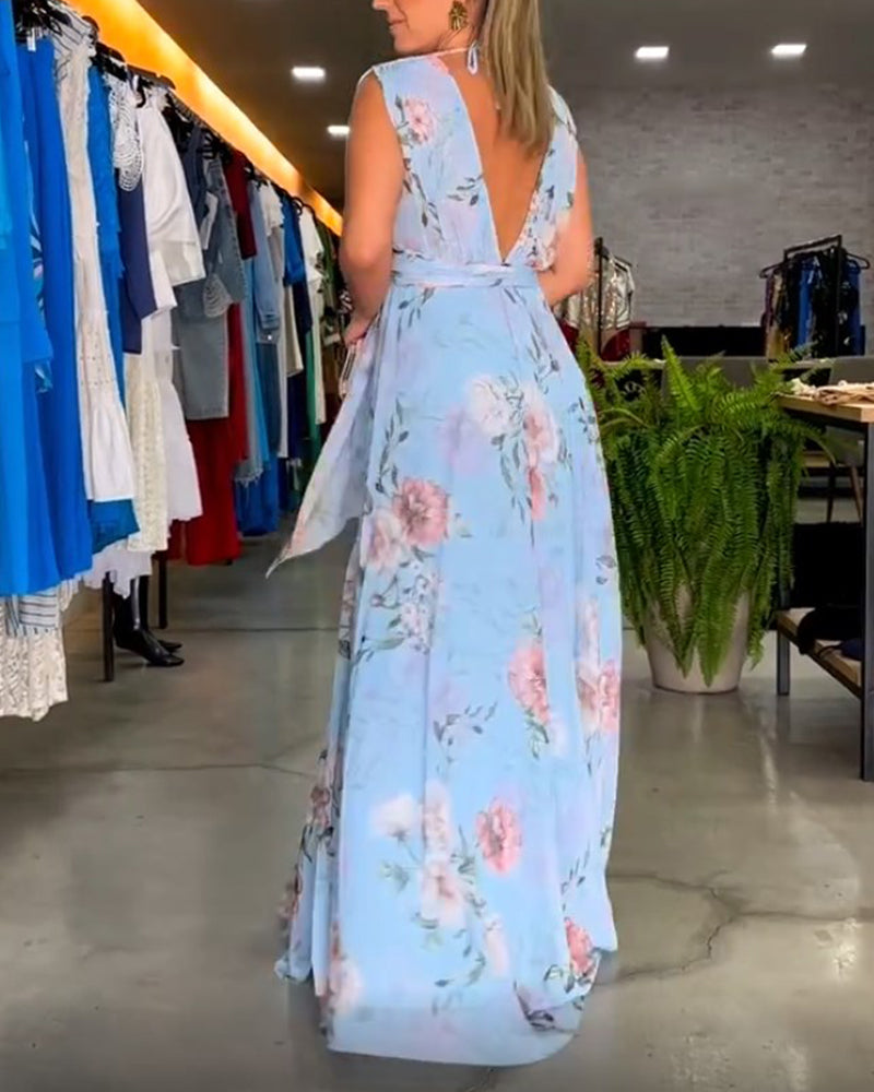Robe élégante sans manches à imprimé floral en V