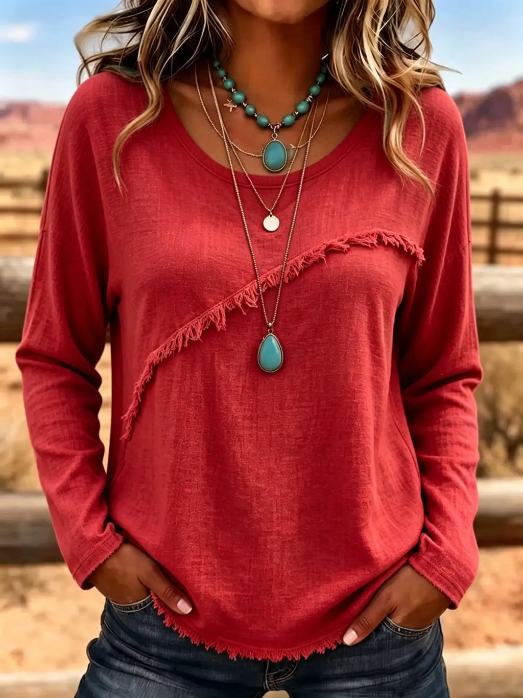 Blouse femme bohème à franges et col rond