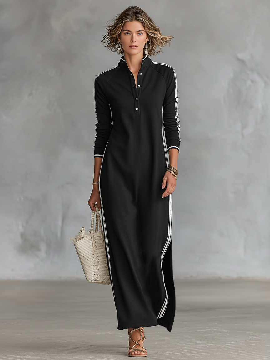 Robe sweat minimaliste pour femmes avec col blanc et patte de boutonnage