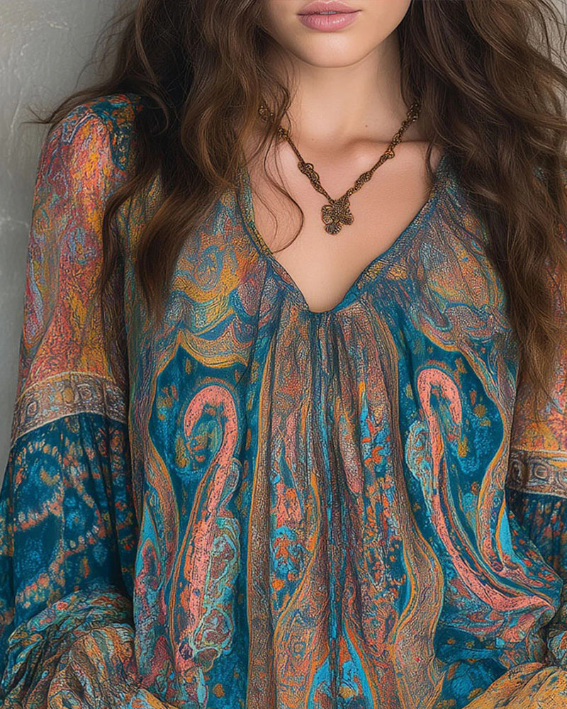 Lindena | Blouse paisley à décolleté en V et manches larges