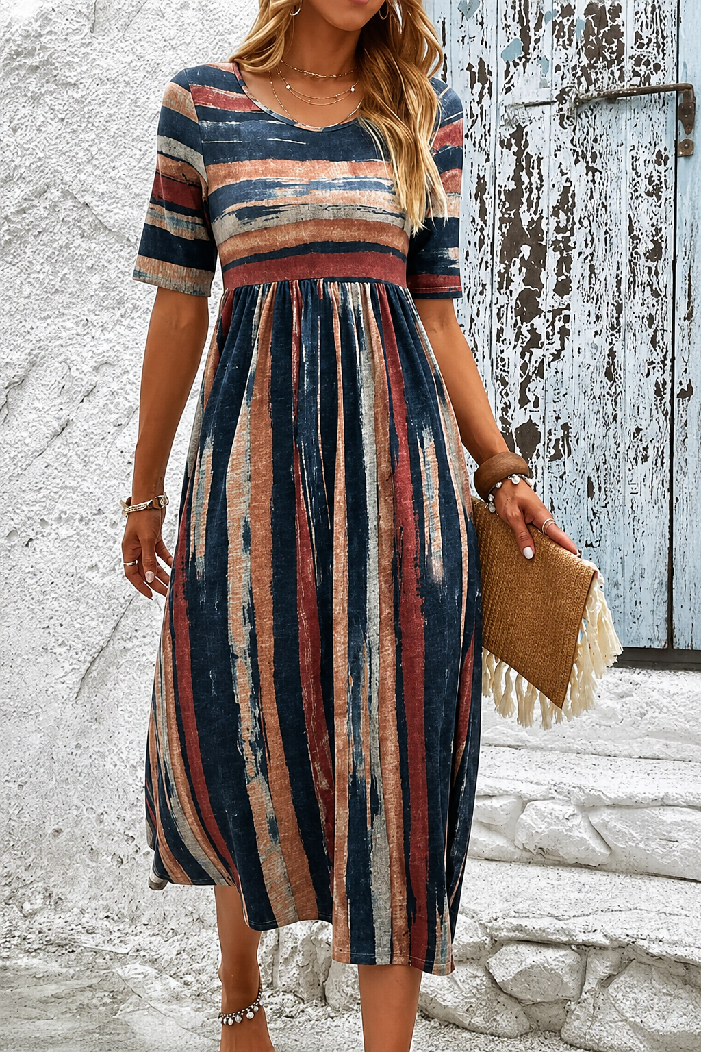 Amékie | Robe midi rayée avec taille flatteuse