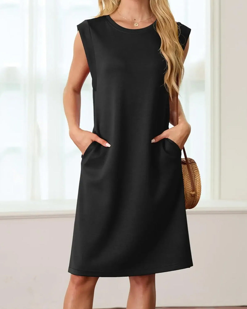 Robe Col Rond Sans Manches Fente Uni