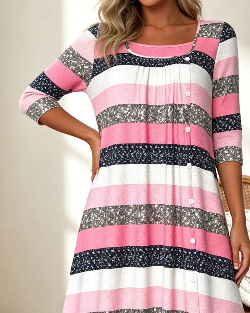 Robe Col Carré Rayé Bloc De Couleur Brillant