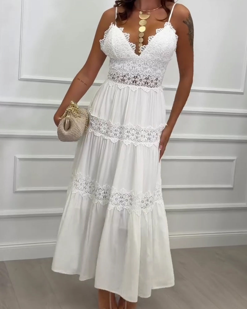 Robe Dentelle Patchwork Bretelle Spaghetti Col V