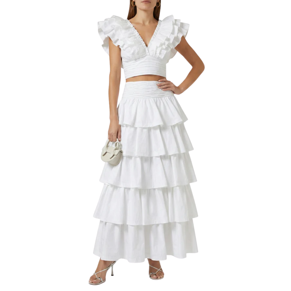 Ensemble Jupe Longue et Crop Top à Volants en Satin pour Femme