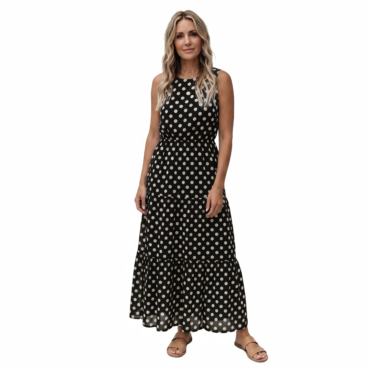 Robe à Pois sans Manches Coupe Midi Évasée et Col Rond pour Femme