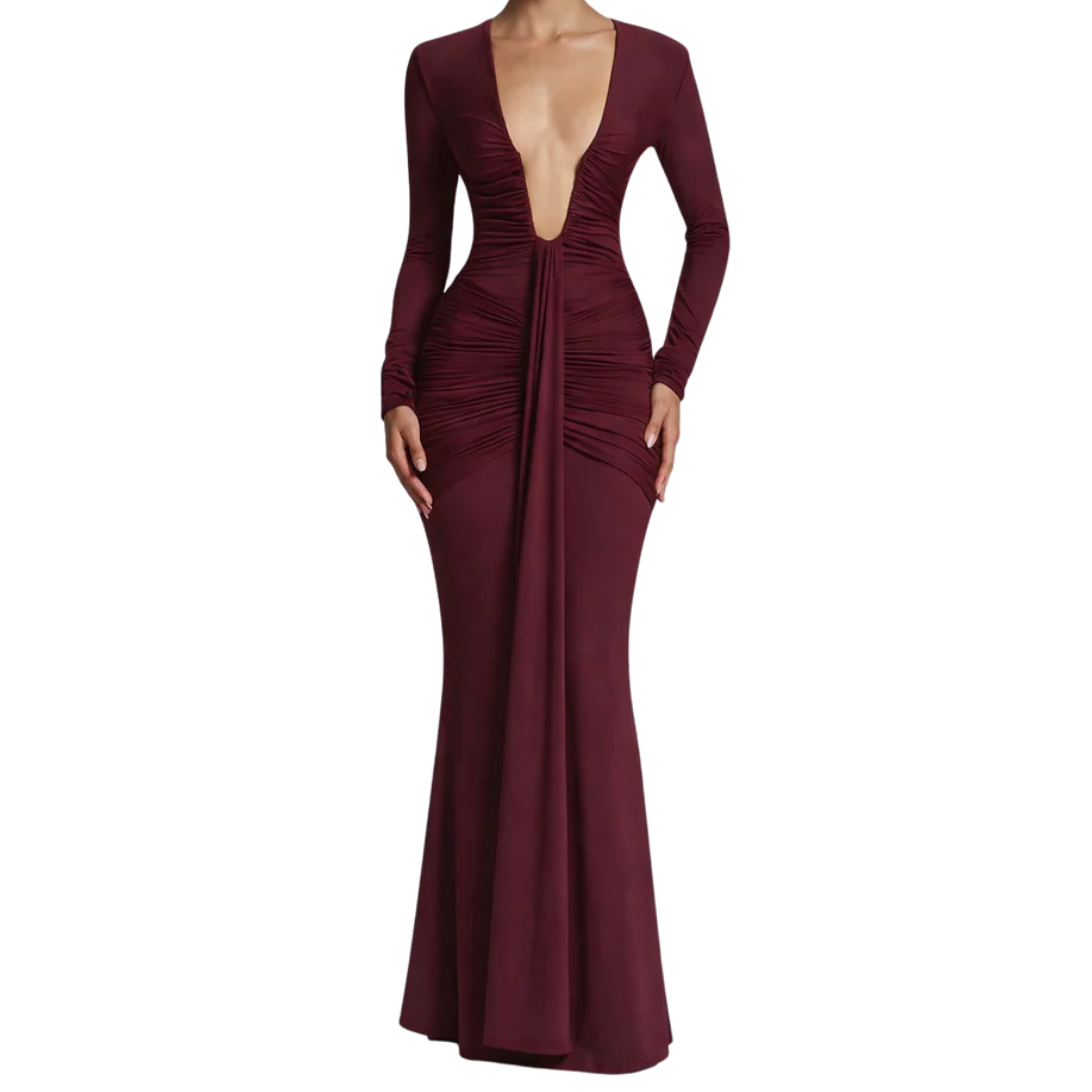 Robe de Soirée Maxi à Manches Longues avec Col en V Plongeant et Fronces