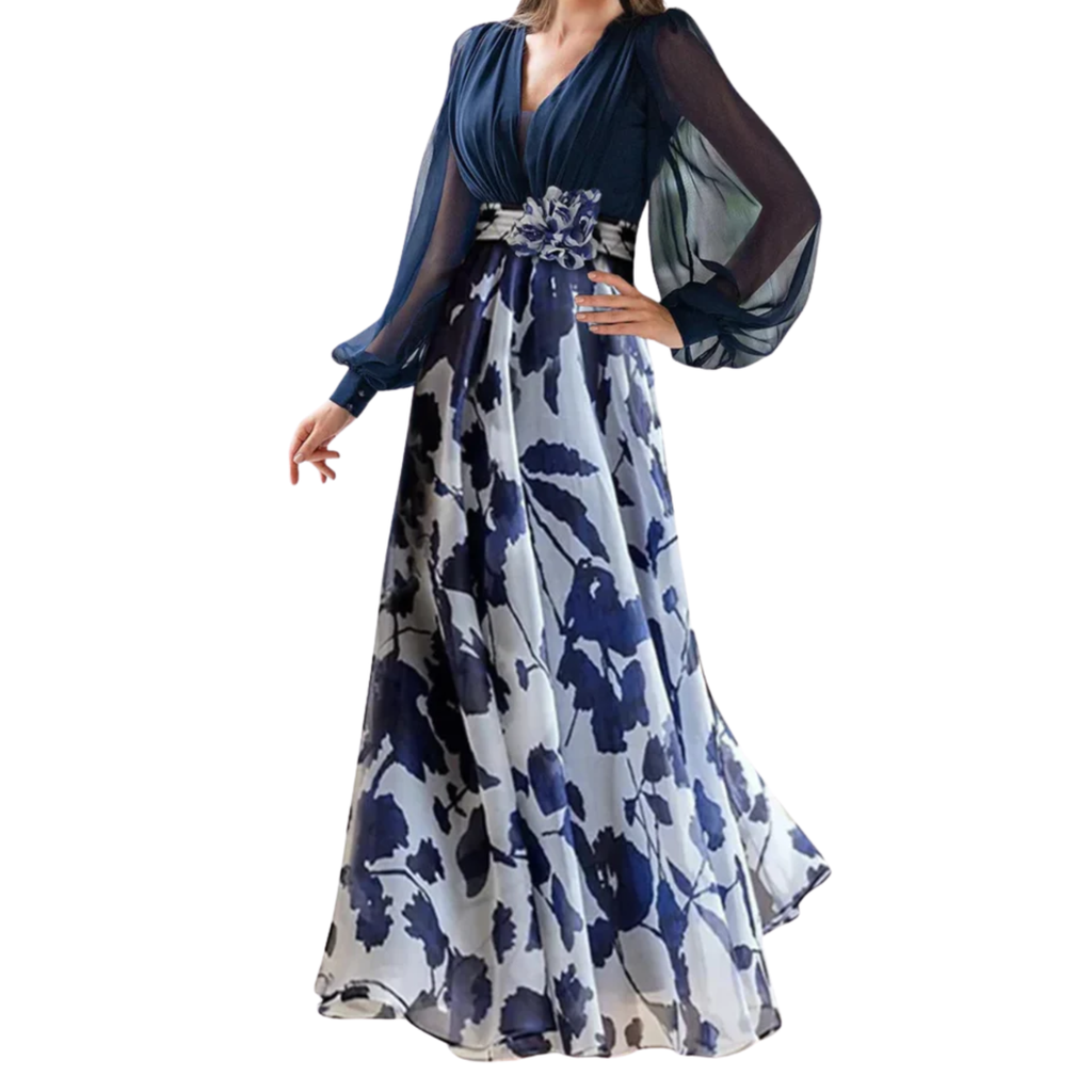 Robe de Soirée Wedding Guest Dress Fleurie avec Manches Ballons et Col en V