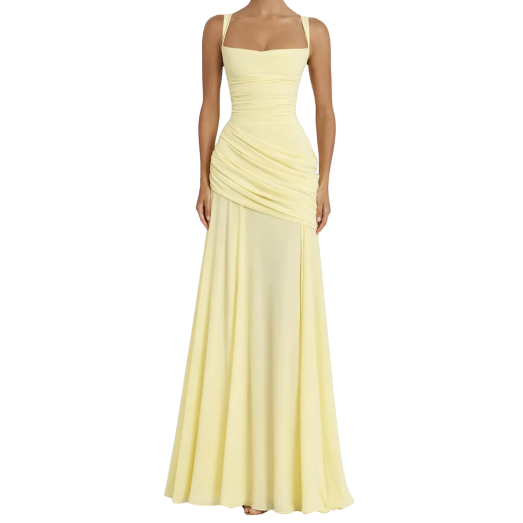 Robe Invitée de Mariage Longue à Col Carré et Taille Froncée pour Femme