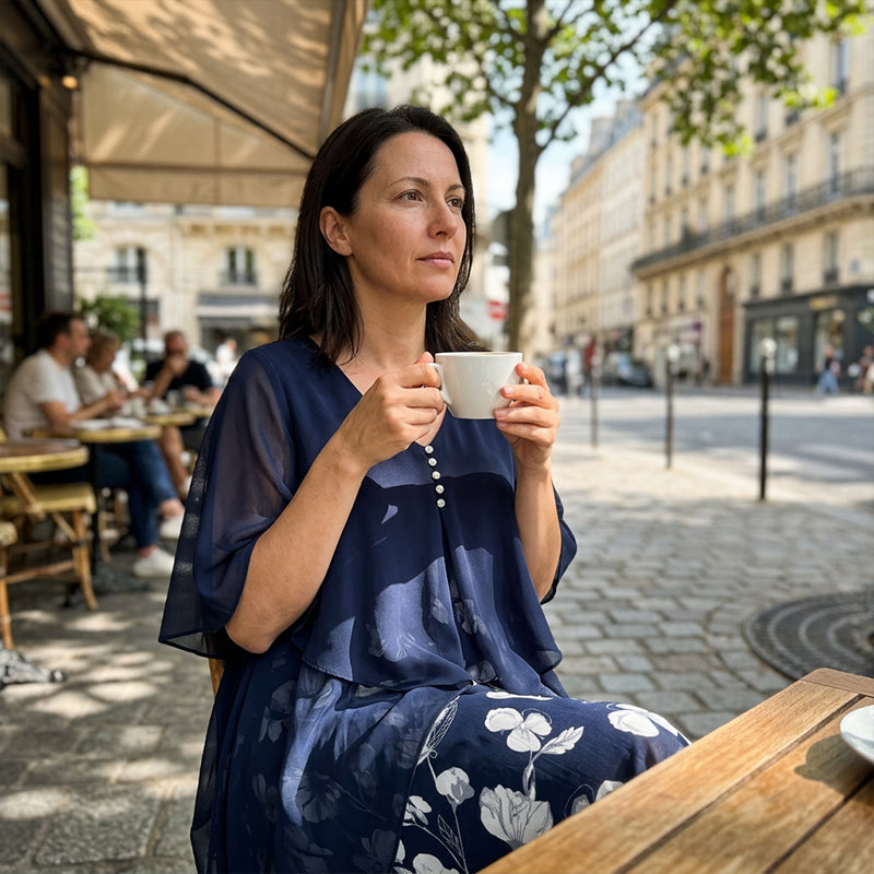 Maries | Robe midi en chiffon à superpositions avec jupe florale