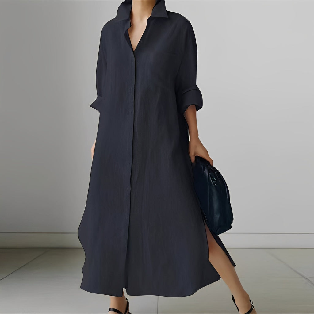 Livia - Robe Midi à Design Chemise avec Fente pour Femmes