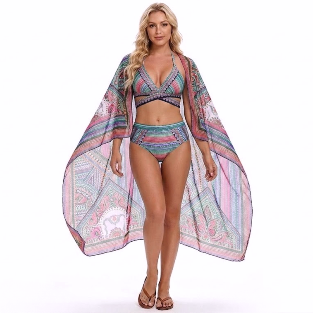 Bikini Taille Haute 3 Pièces avec Haut Triangle Halter et Kimono de Plage