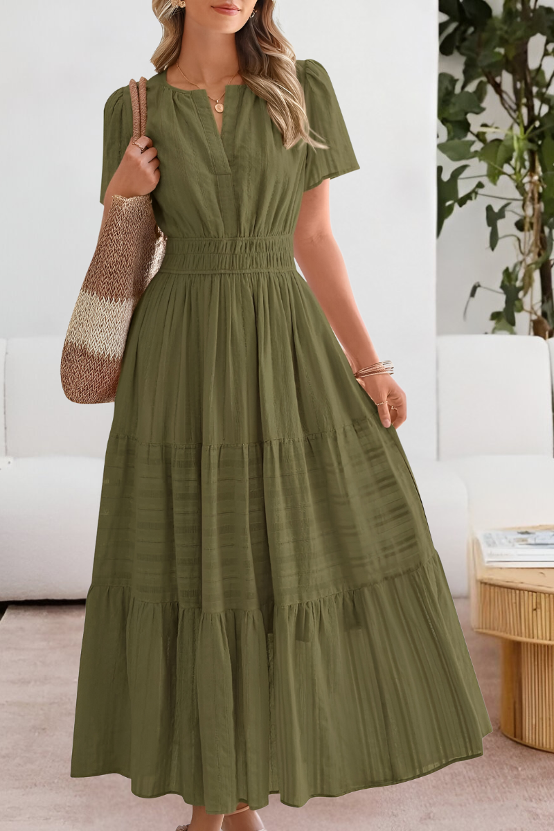 Robe Midi Boho pour Femmes | Manches Courtes Froncées