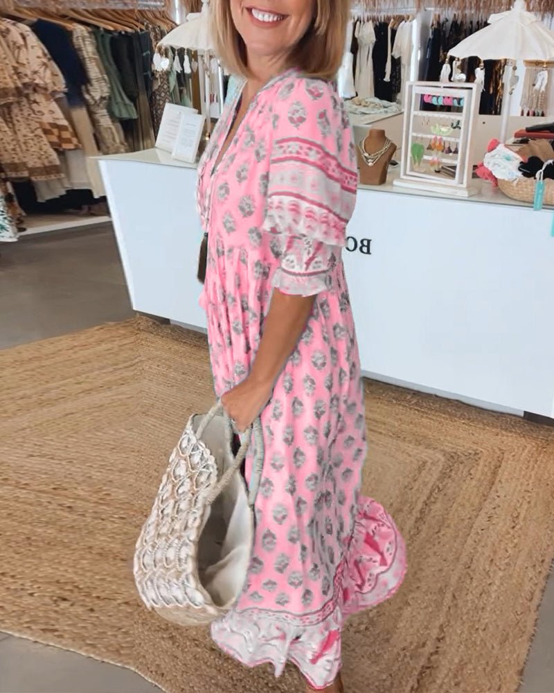 Isabella | Robe Midi à Imprimé Bohème avec Franges