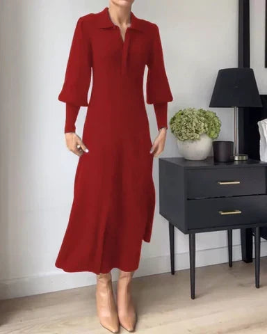 Robe Midi Tricotée pour Femme avec Col Polo et Coupe A