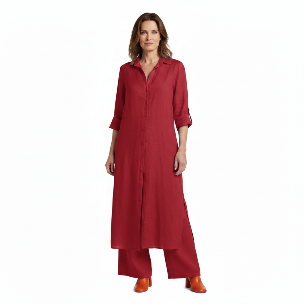 Ensemble Coordonné Chemise Longue à Boutons et Pantalon Large en Lin Mélangé