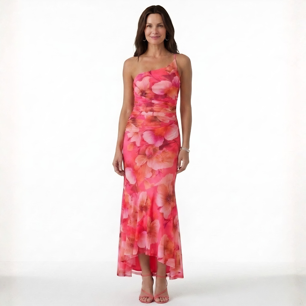 Robe Maxi Asymétrique à Imprimé Floral avec Fronces et Ourlet Queue de Poisson