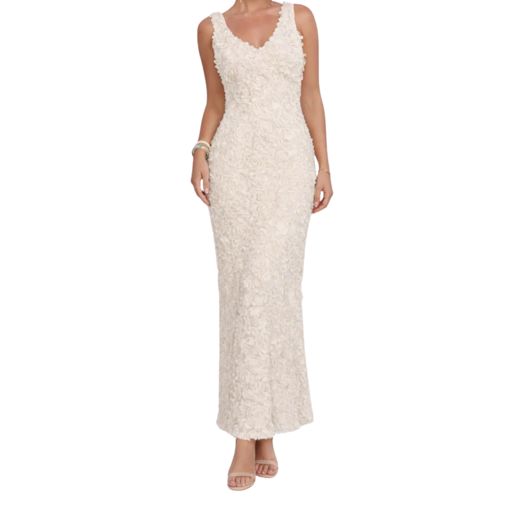 Robe Courte Ajustée à Appliqués Floraux 3D et Décolleté en V pour Femme
