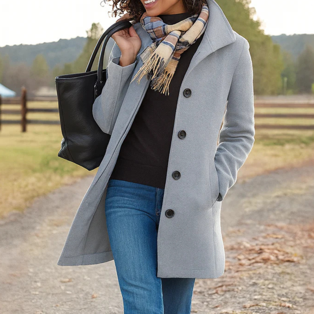 Manteau long femme boutonné à col montant élégant