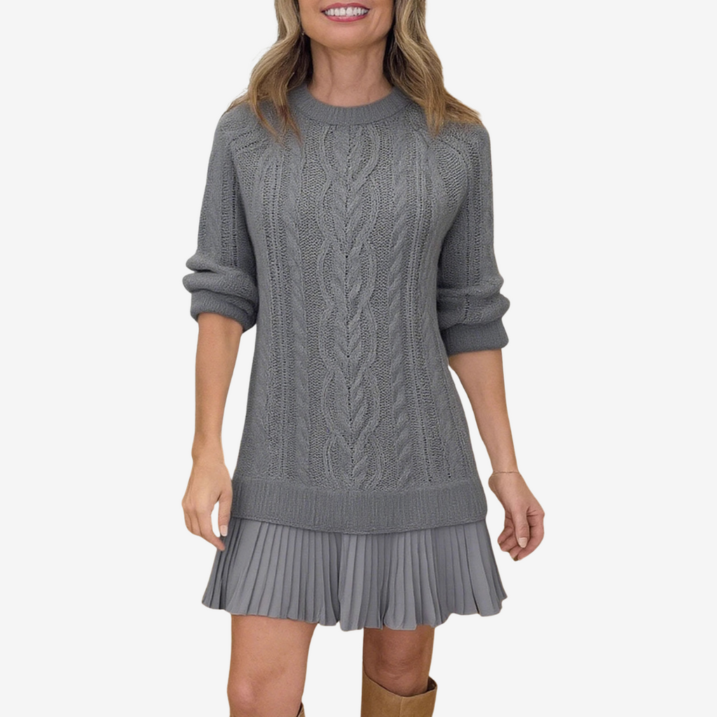 Robe Tricotée Femme avec Volant Plissé et Devant en Tricot à Cable
