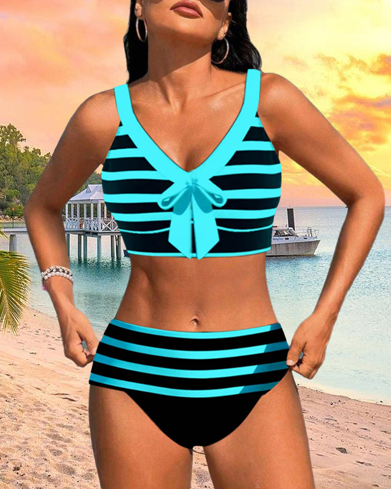 Bikini Taille Haute avec Motif Rayé pour Femmes | Idéal pour l’Été
