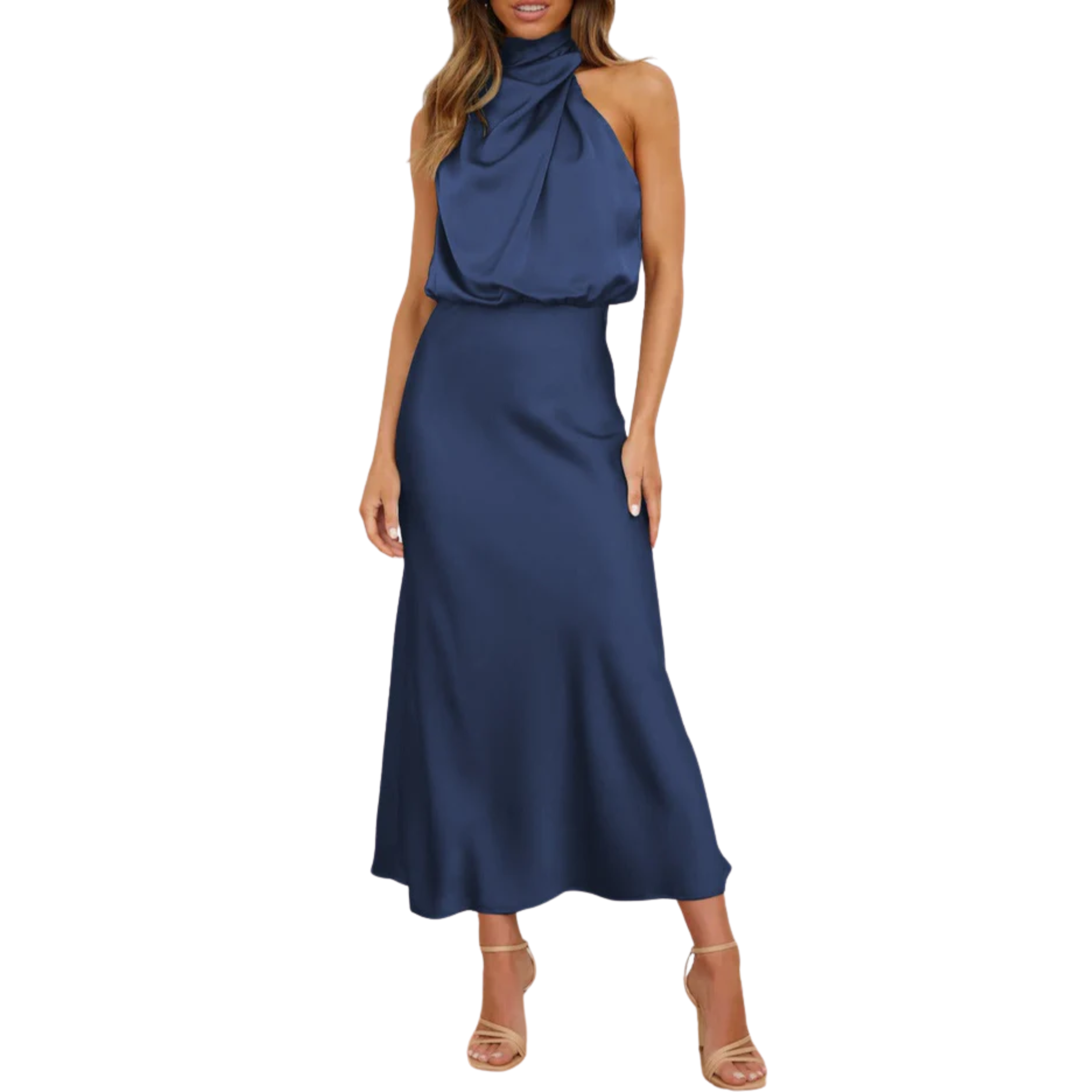 Robe Midi en Satin avec Col Drapé et Design à Dos Nu