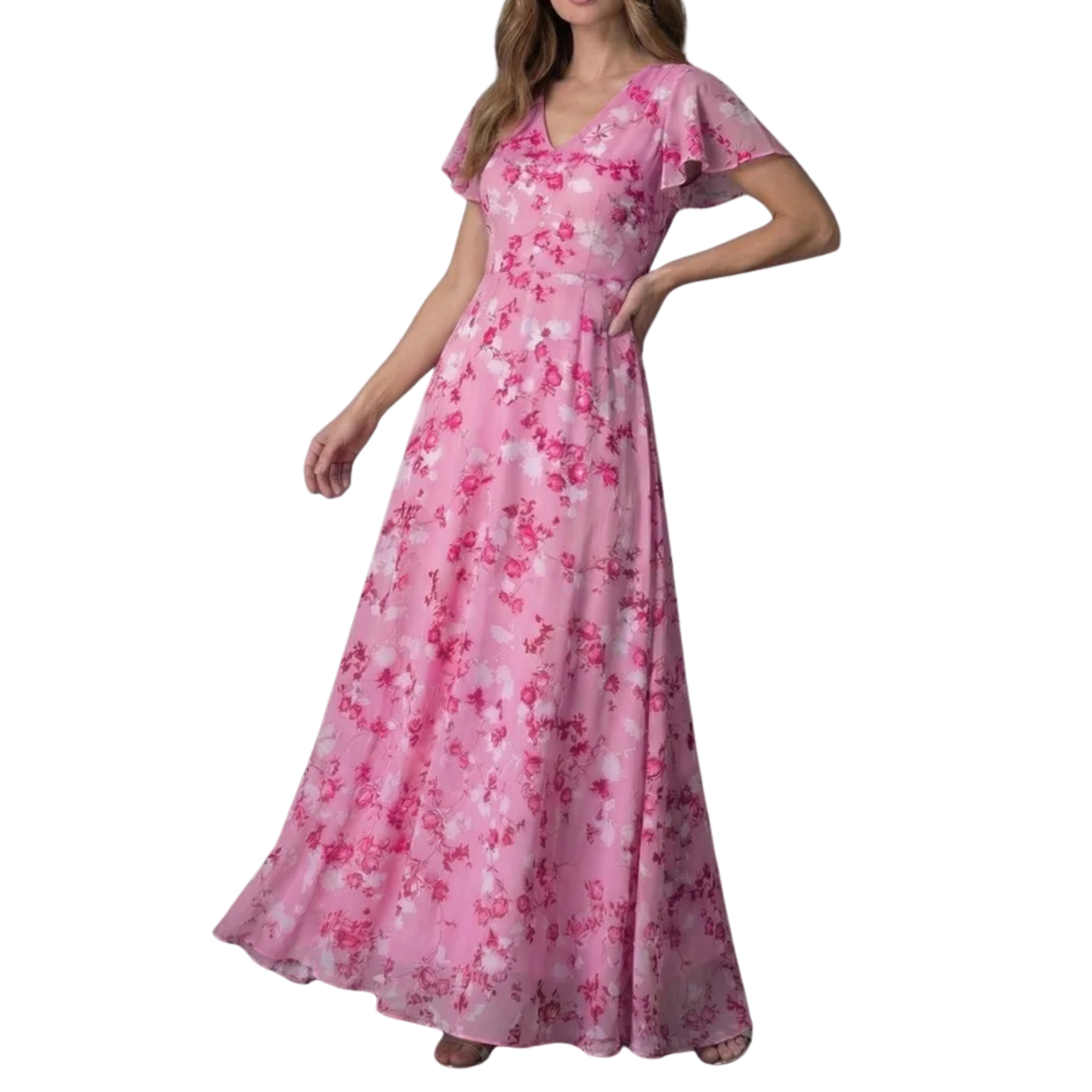 Robe de Soirée Invité de Mariage Longue en Mousseline à Manches Papillon