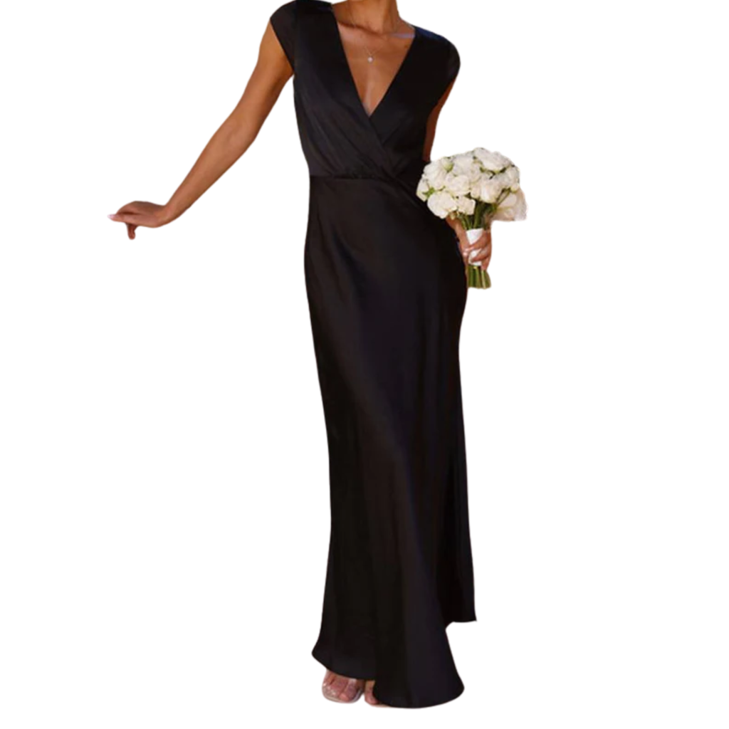 Robe Longue en Satin pour Femme avec Col en V et Manches Courtes Style Cape
