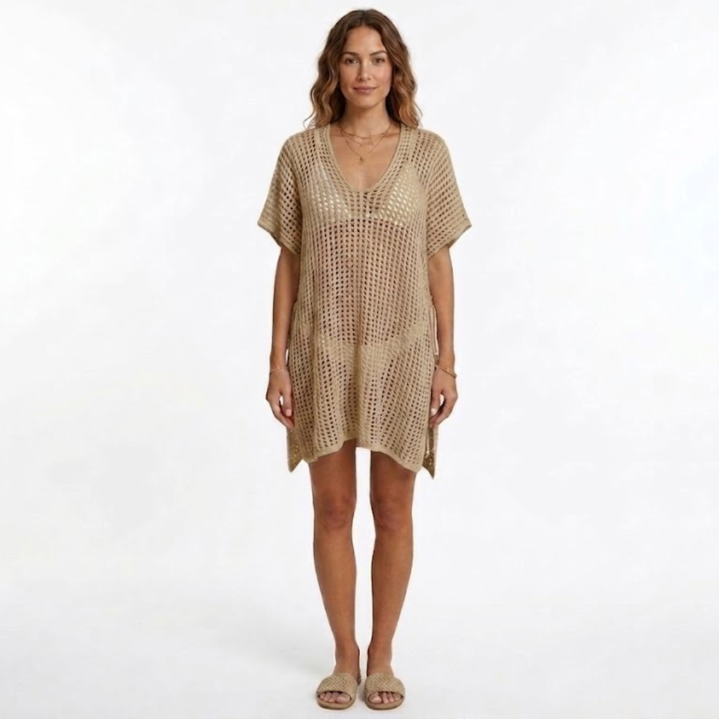 Tunique de Plage Women's Beach Cover Up en Maille Crochetée à Manches Courtes