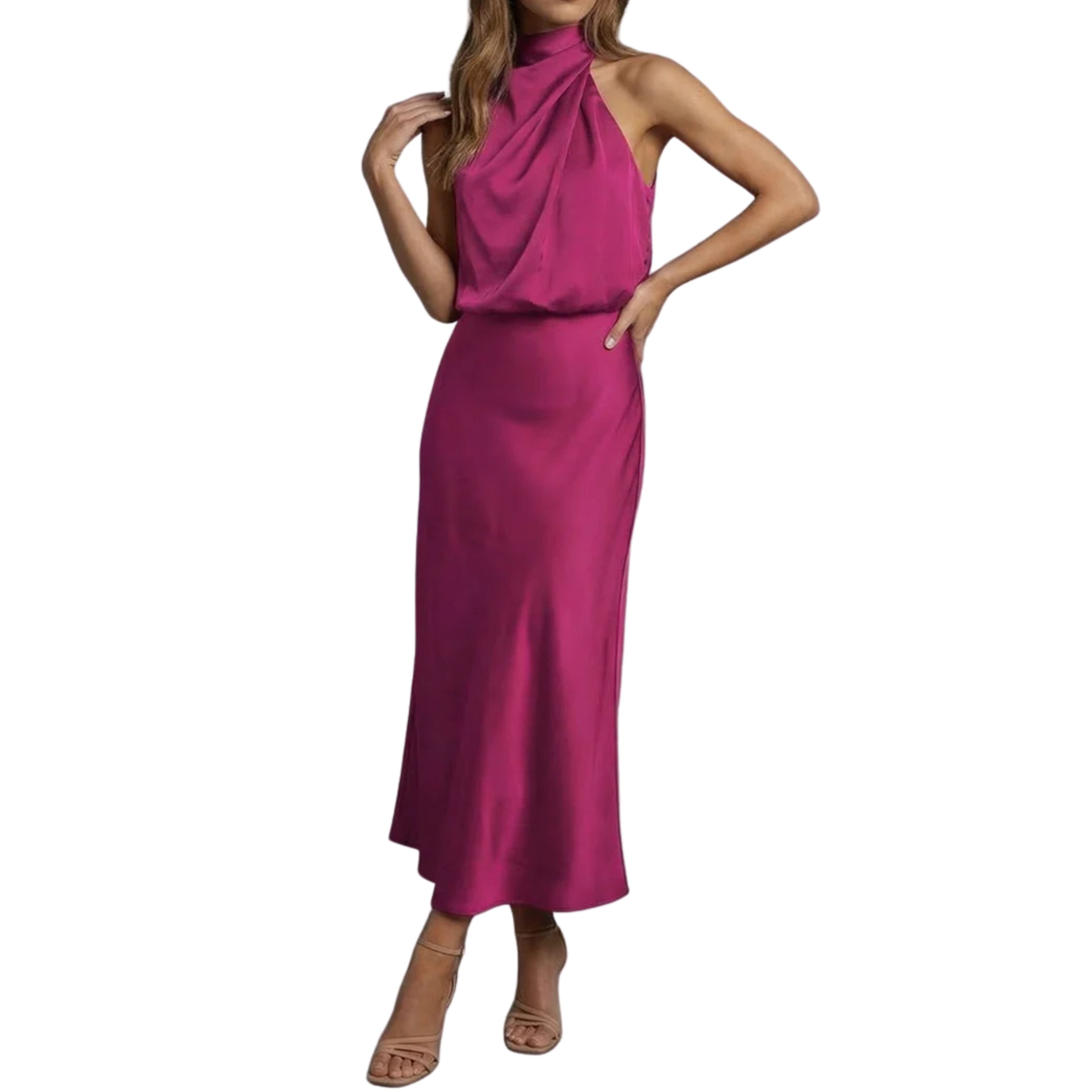 Robe de Soirée Wedding Guest Dress Satinée à Dos Nu et Encolure Américaine
