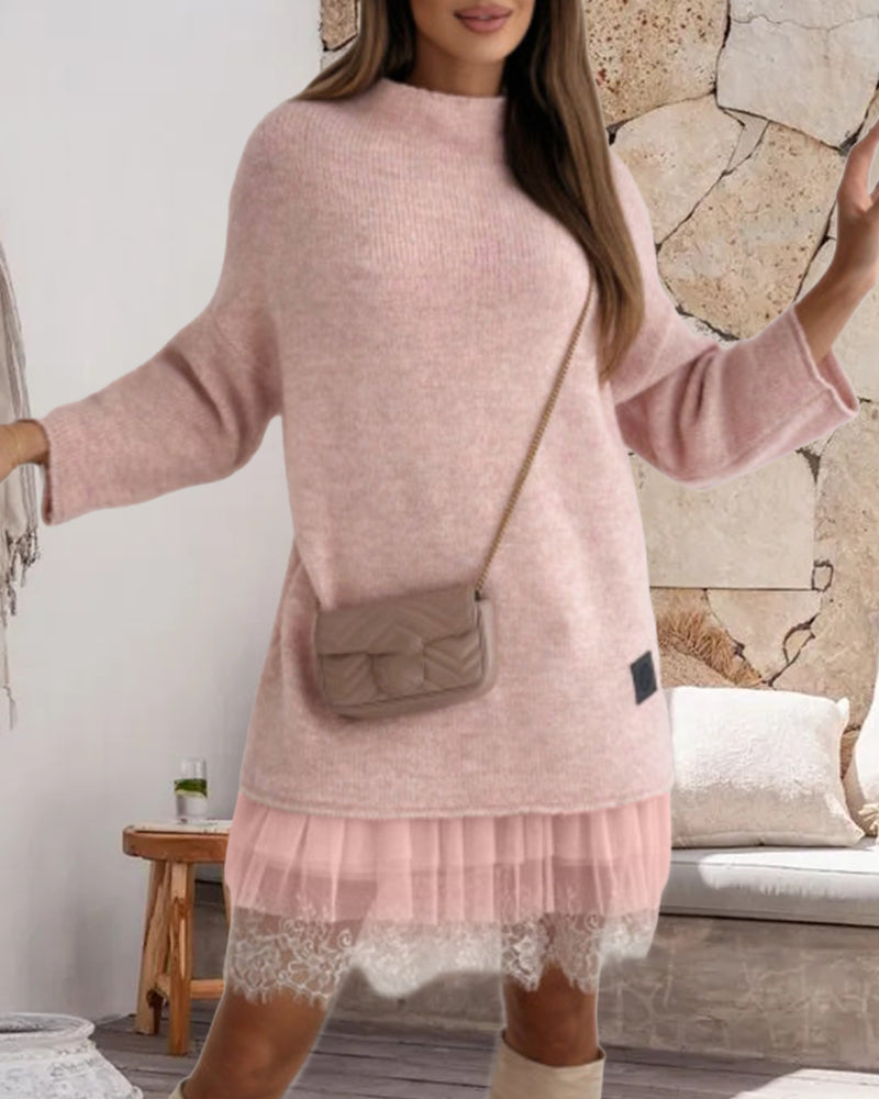 Ensemble de robe en maille à col haut de couleur unie décontractée