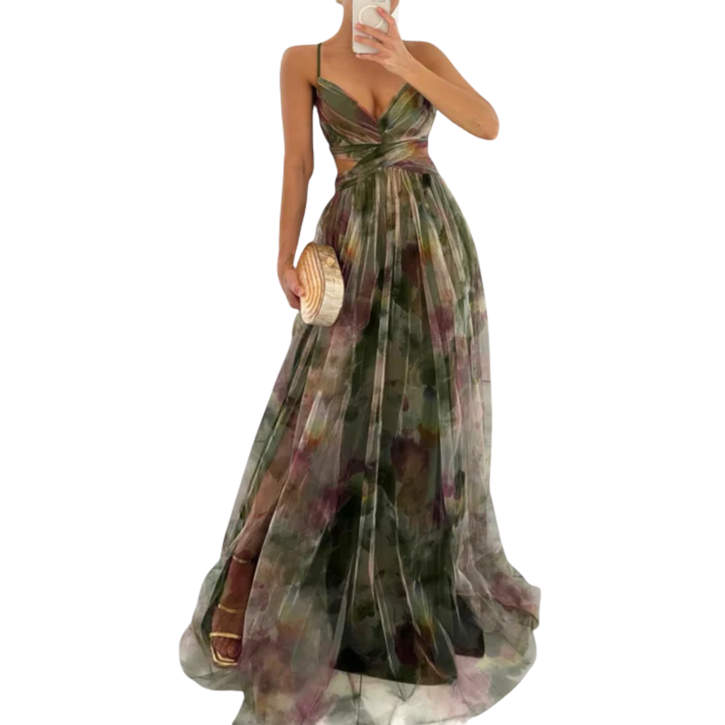 Robe Maxi Florale à Bretelles avec Dégradé et Jupe Fluide Vaporeuse