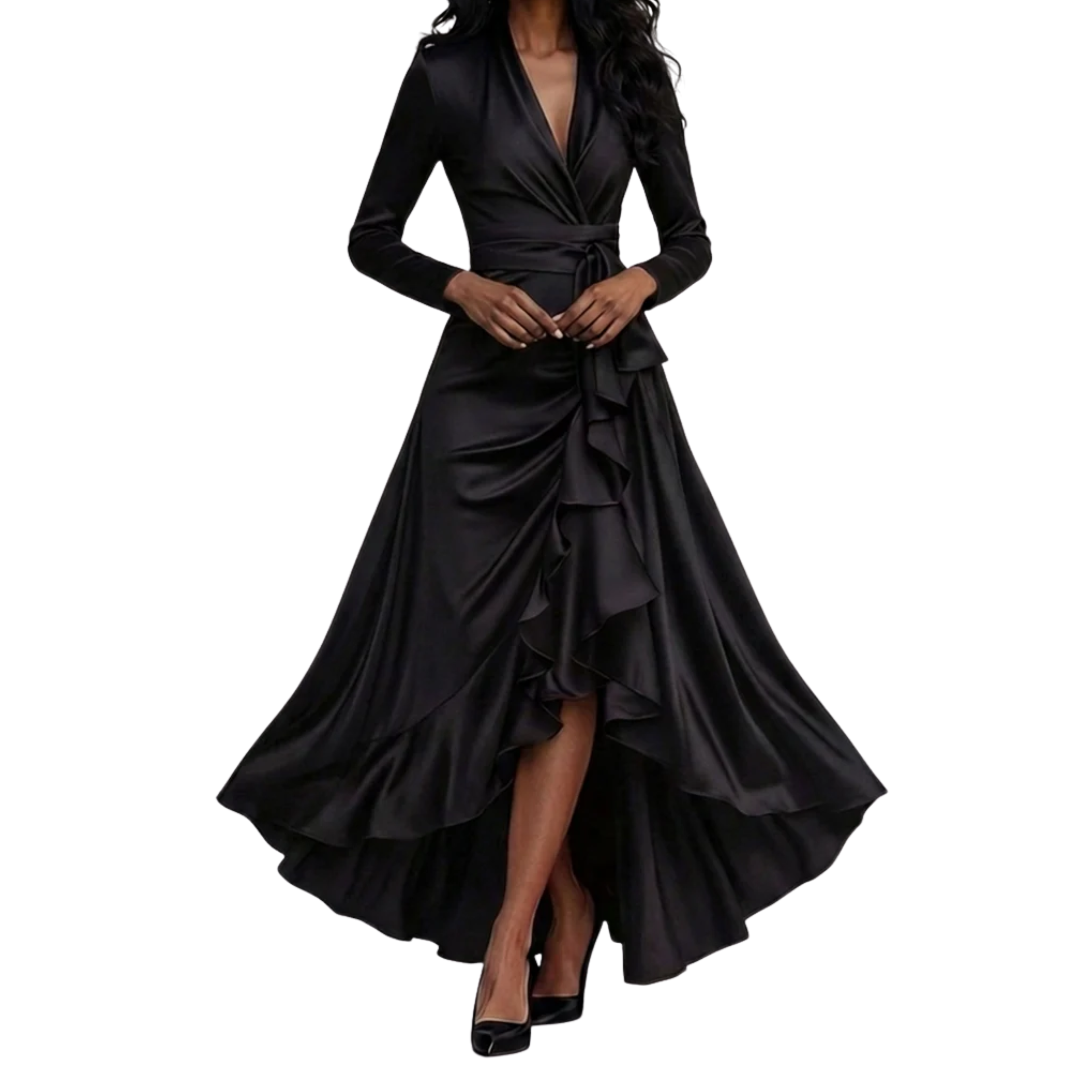 Robe de Cocktail Longue en Satin Design Cache-Cœur avec Jupe Cascade