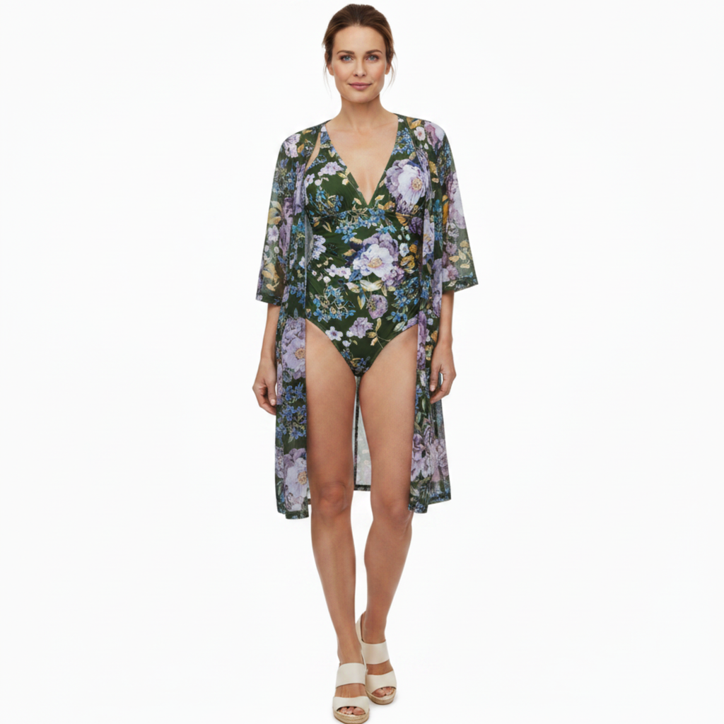 Maillot de Bain Une Pièce à Motif Floral avec Kimono Fluide pour Femme