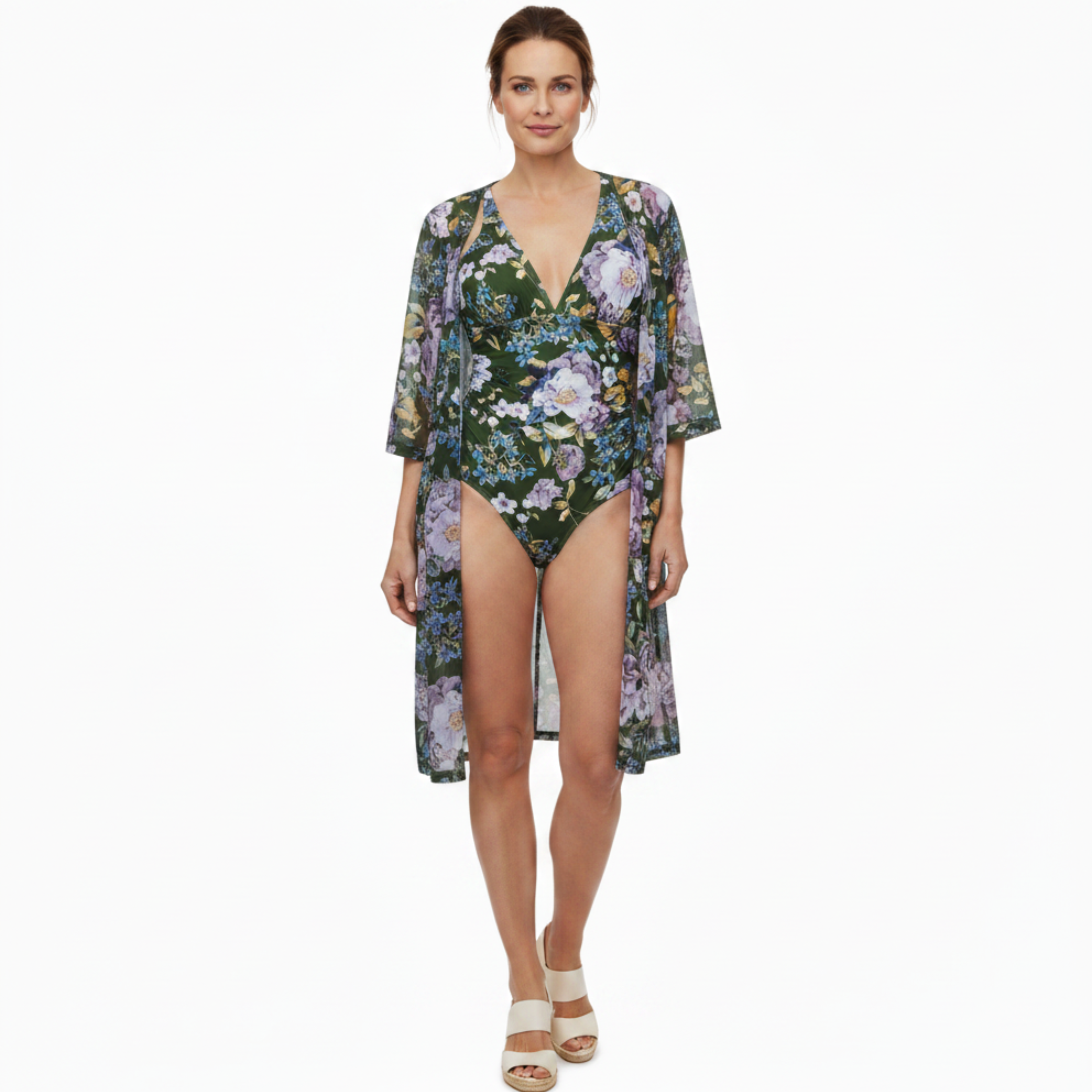 Maillot de Bain Une Pièce à Motif Floral avec Kimono Fluide pour Femme