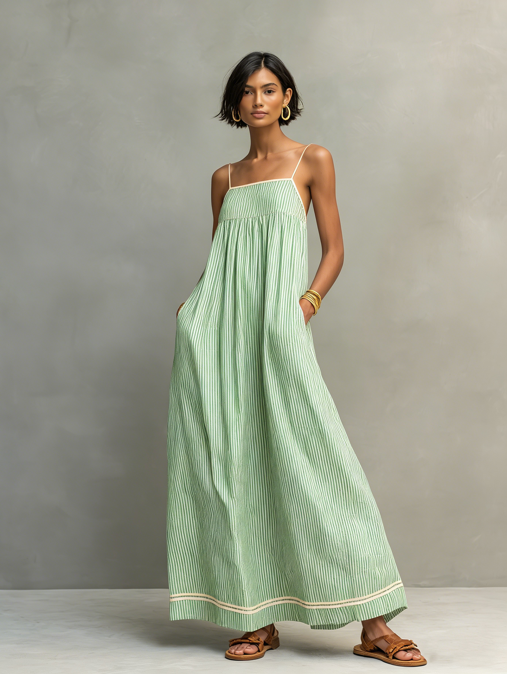 Robe maxi minimaliste à rayures pour femmes avec accents rouges et bretelles spaghetti