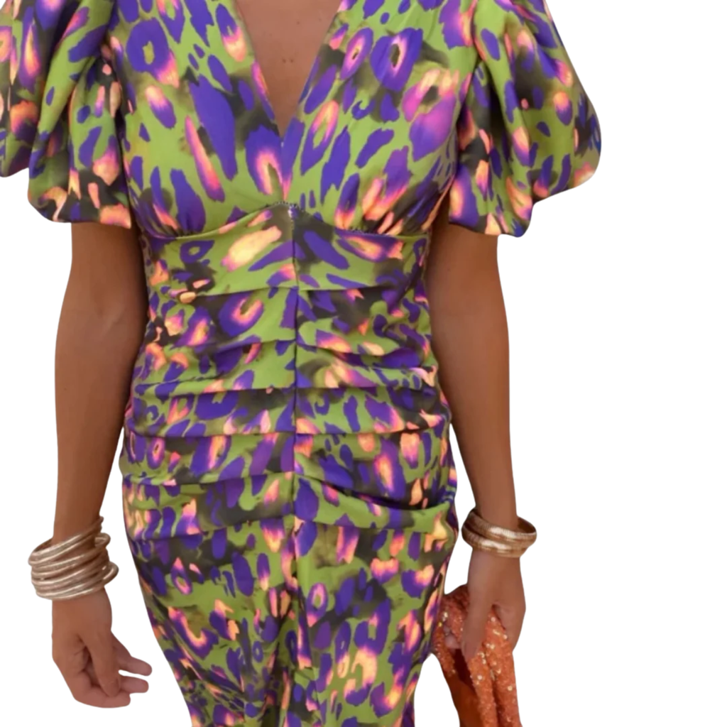 Robe Mi-Longue Imprimée à Manches Bouffantes et Décolleté en V pour Femme