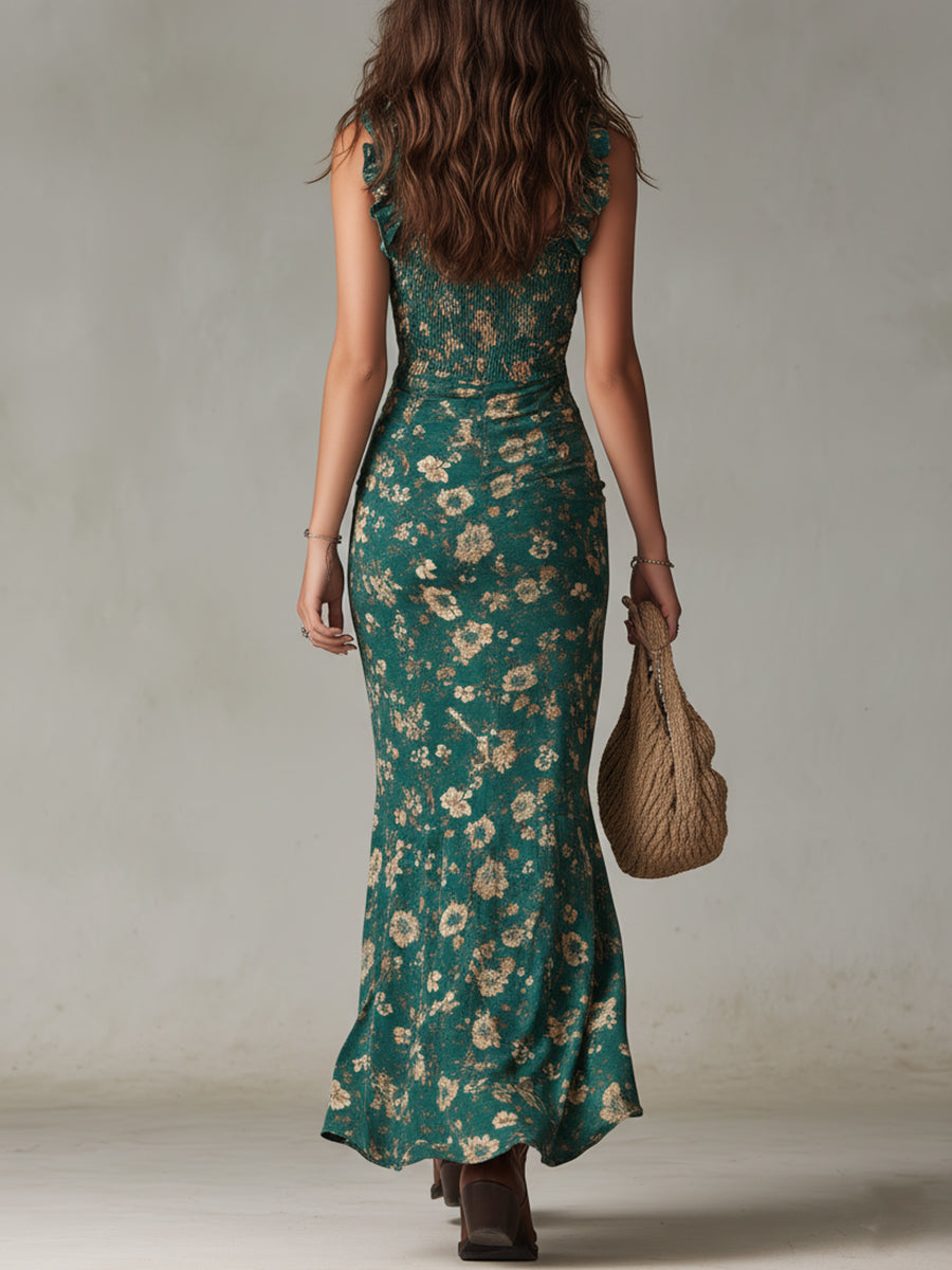 Maya™ | Robe maxi à manches volantes boho rétro avec fente haute