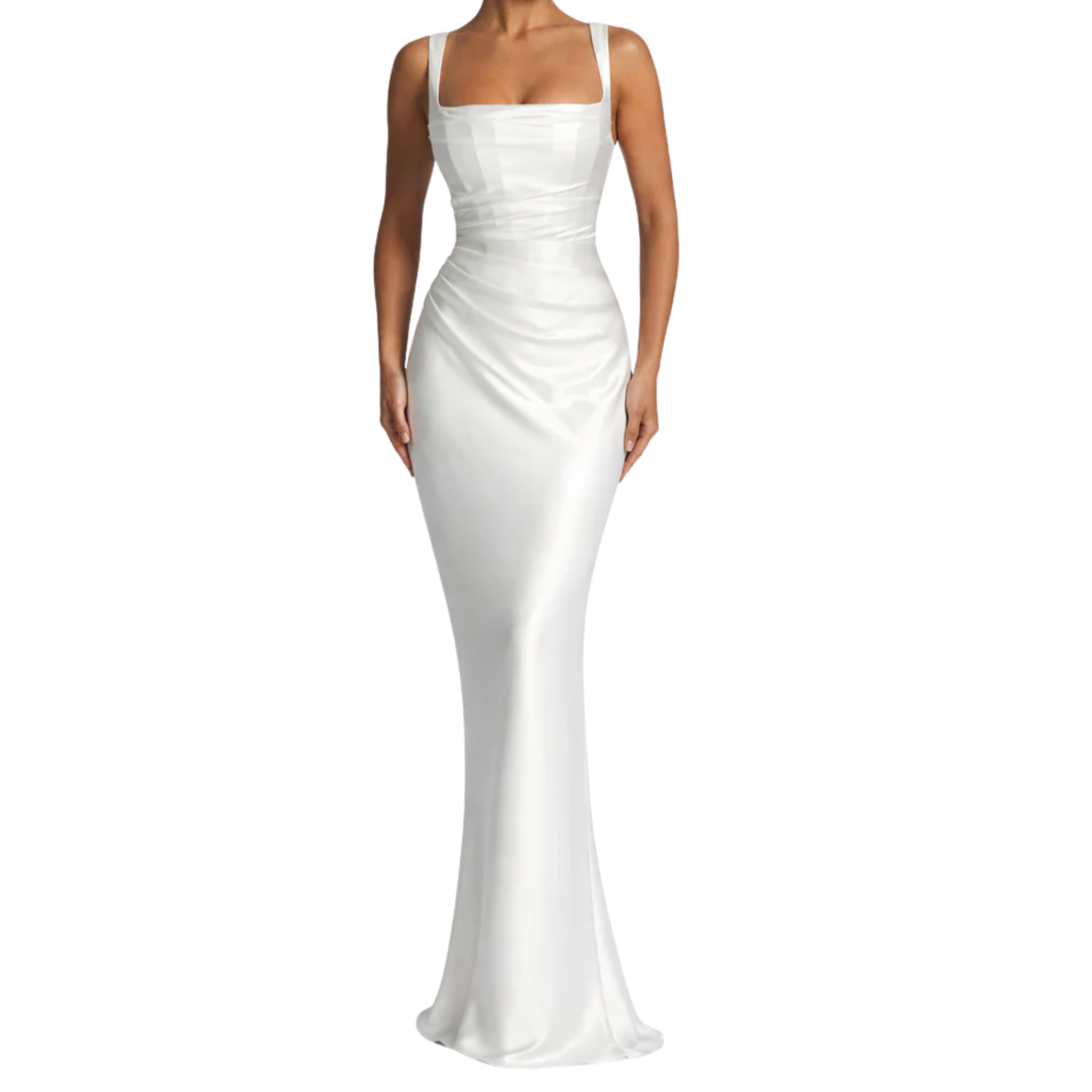 Robe Maxi Satinée à Encolure Carrée pour Invitée de Mariage avec Gants
